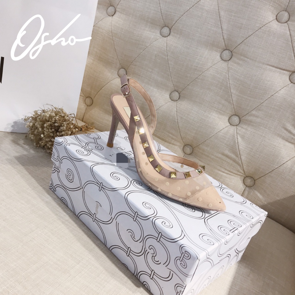 Giày Cao Gót Thiết Kế OSHO Gót Nhọn Cao 7cm Dáng Sandal Slingback Bít Mũi Chất Lưới Cao Cấp 993-4