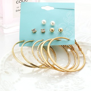 Set 6 cặp bông tai khuyên tai tròn kết hợp hạt châu