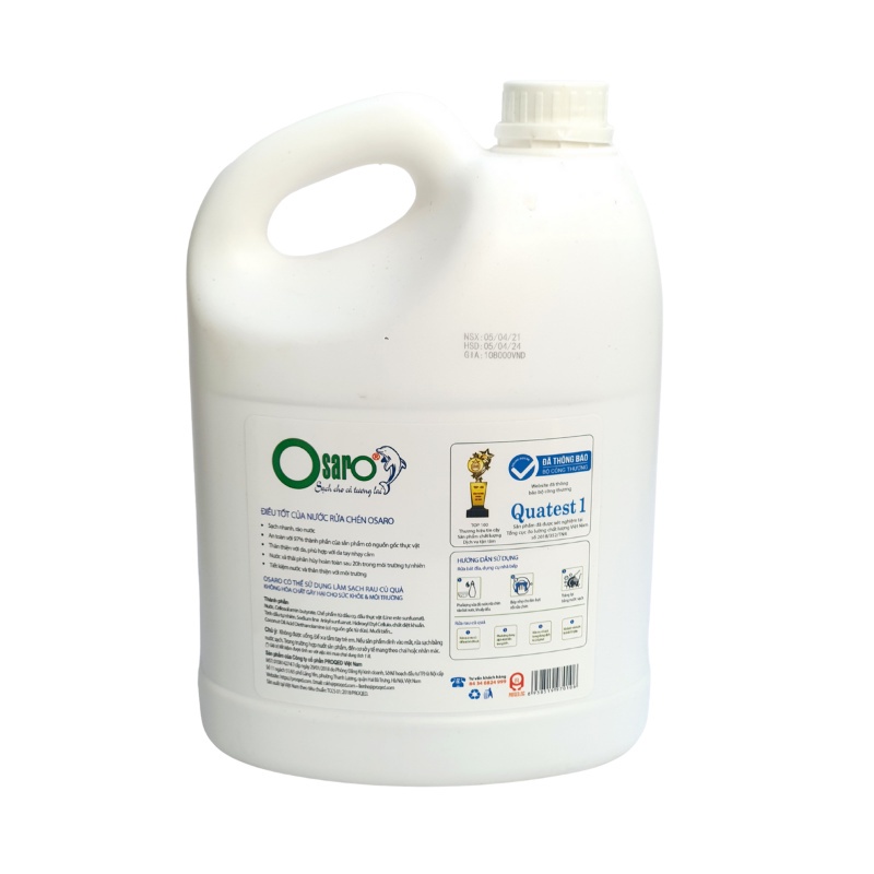 Nước rửa chén Osaro hữu cơ sinh học hương thơm nhẹ nhàng khả năng làm sạch cao dạng can 3.8L