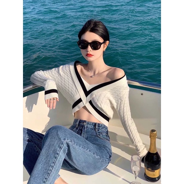 áo len dệt kim hoạ tiết thừng cổ V mix viền tay dài (m1102#)