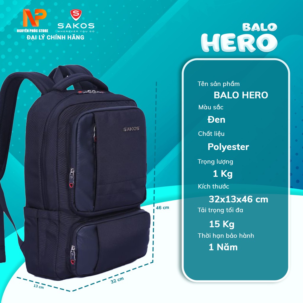 Balo thời trang cao cấp Sakos Hero ,chất liệu trượt nước,tích hợp ngăn chứa laptop 15.6 inch