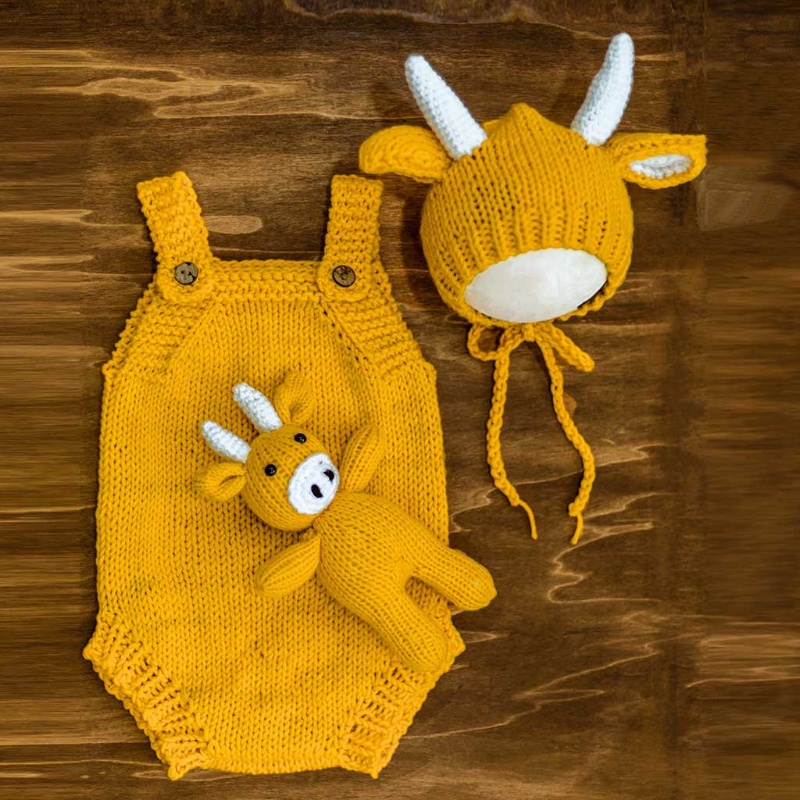 Set 3 Món Đồ Hình Bò Sữa Bằng Vải Dệt Kim Màu Vàng Làm Phụ Kiện Chụp Ảnh Cho Búp Bê