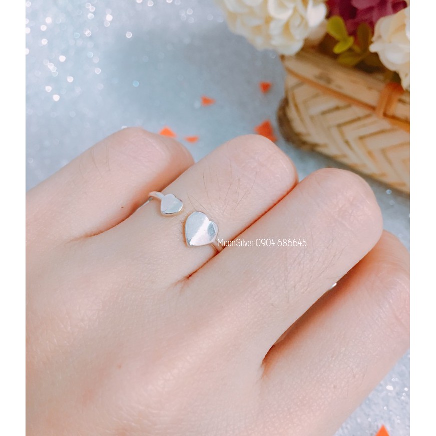 Nhẫn bạc nữ moonsilver hình 2 trái tim hở freesize