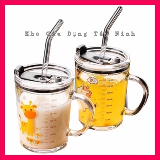 Ly thủy tinh chia vạch ml kèm ống hút và nắp chống tràn