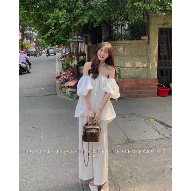 Áo trễ vai hoa nổi tay phồng mặc 2 kiểu the.sweaterweather TSW (Ảnh thật)