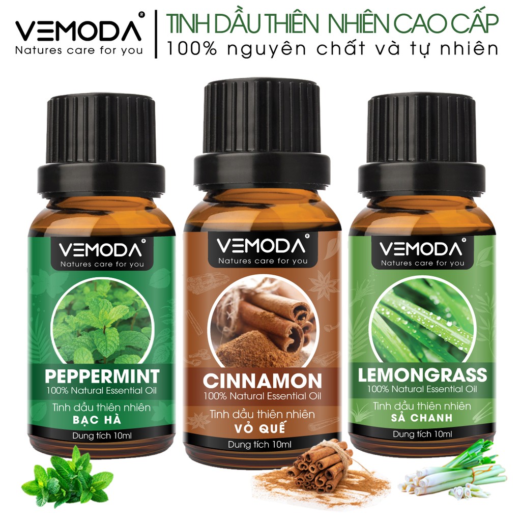 Combo tinh dầu xông phòng cao cấp Vemoda gồm: tinh dầu Vỏ quế + tinh dầu Bạc hà  + tinh dầu Sả chanh