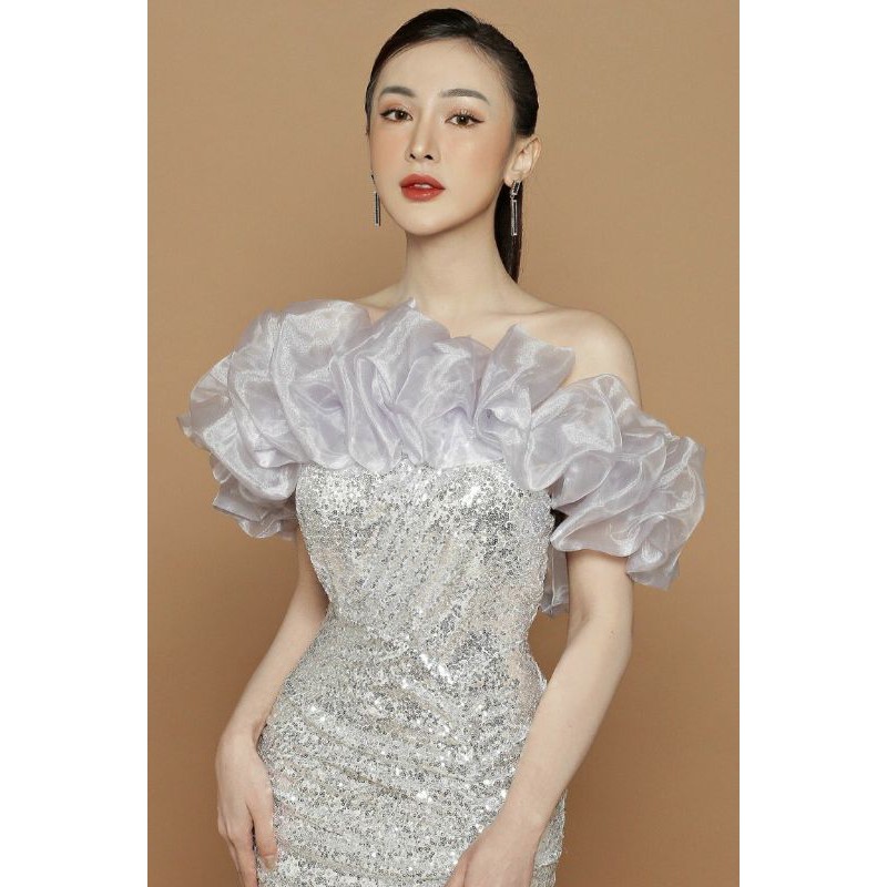 Đầm dạ hội kim sa cúp ngực phối lưới thiết kế cao cấp  tăng hoa tai thời trang