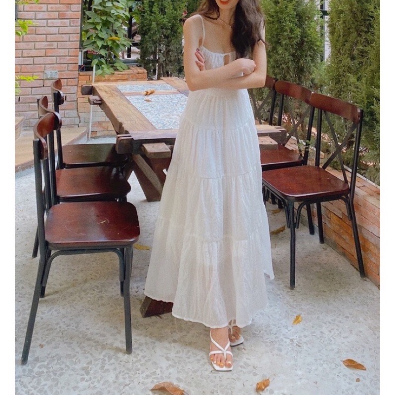 ĐẦM MAXI 4 TẦNG VẢI XỐP NHĂN HỞ LƯNG