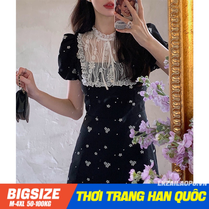 Đầm dáng suông Bigsize Váy nữ Ren tay ngắn cổ tròn mùa hè Phong cách Hàn Quốc Thời Trang tiểu thư cá tính xinh đẹp cho người mập béo