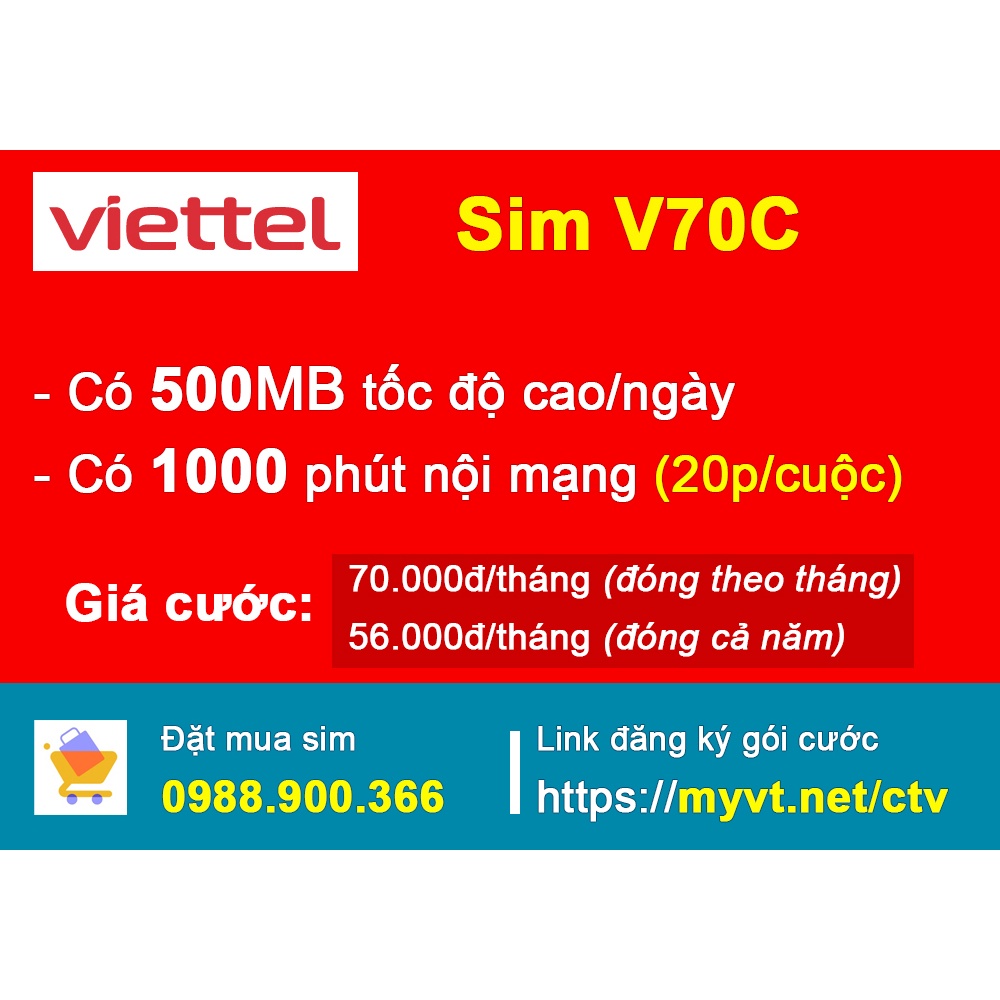 Sim 4G Viettel V70C miễn phí cuộc gọi <10p + 500MB/ngày chỉ với 70k/tháng