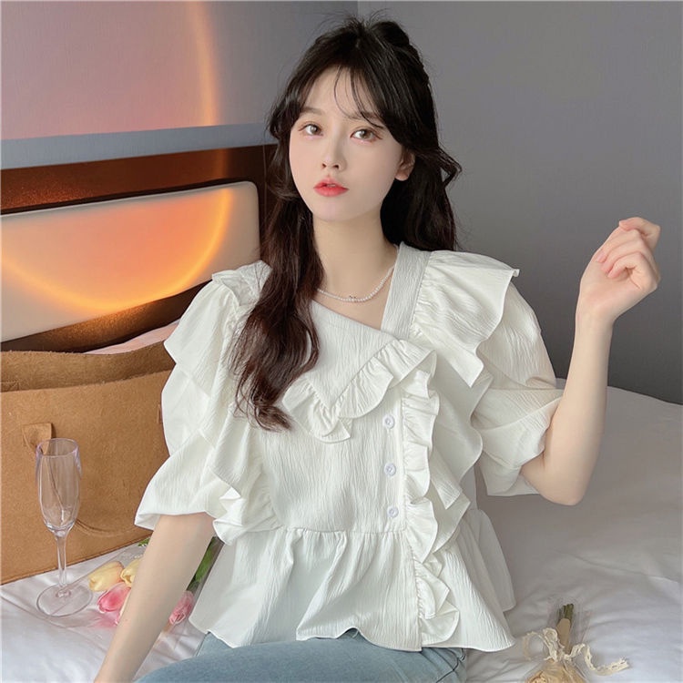 Áo Sơ Mi Nữ Dáng Rộng Cổ Búp Bê Phong Cách Hàn Quốc Thiết Kế Mới Mùa Hè