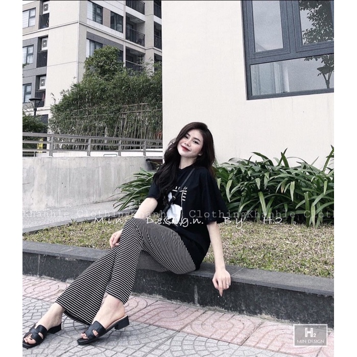 Set bộ áo thun in hình tay con phối quần dài sọc ống loe!