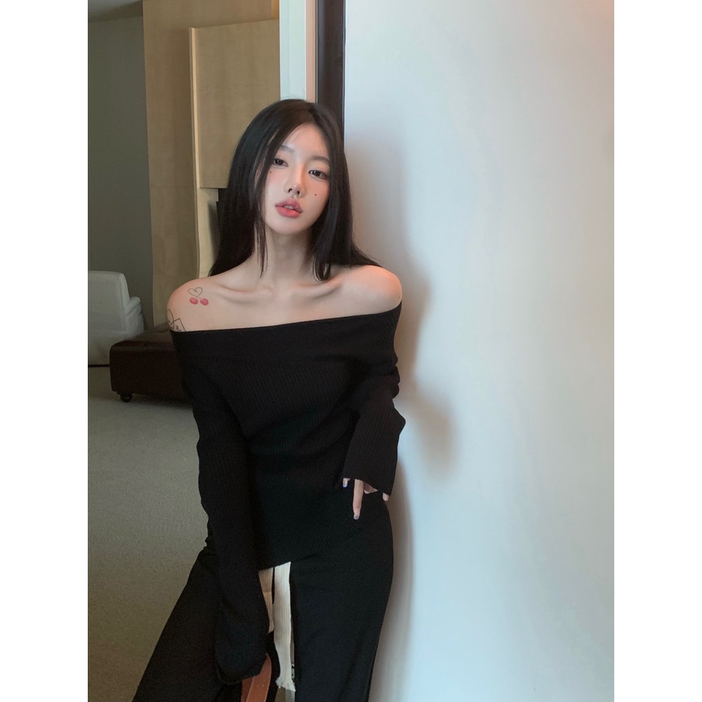 áo dệt kim trễ vai dài tay + chân váy ôm màu đen thời trang