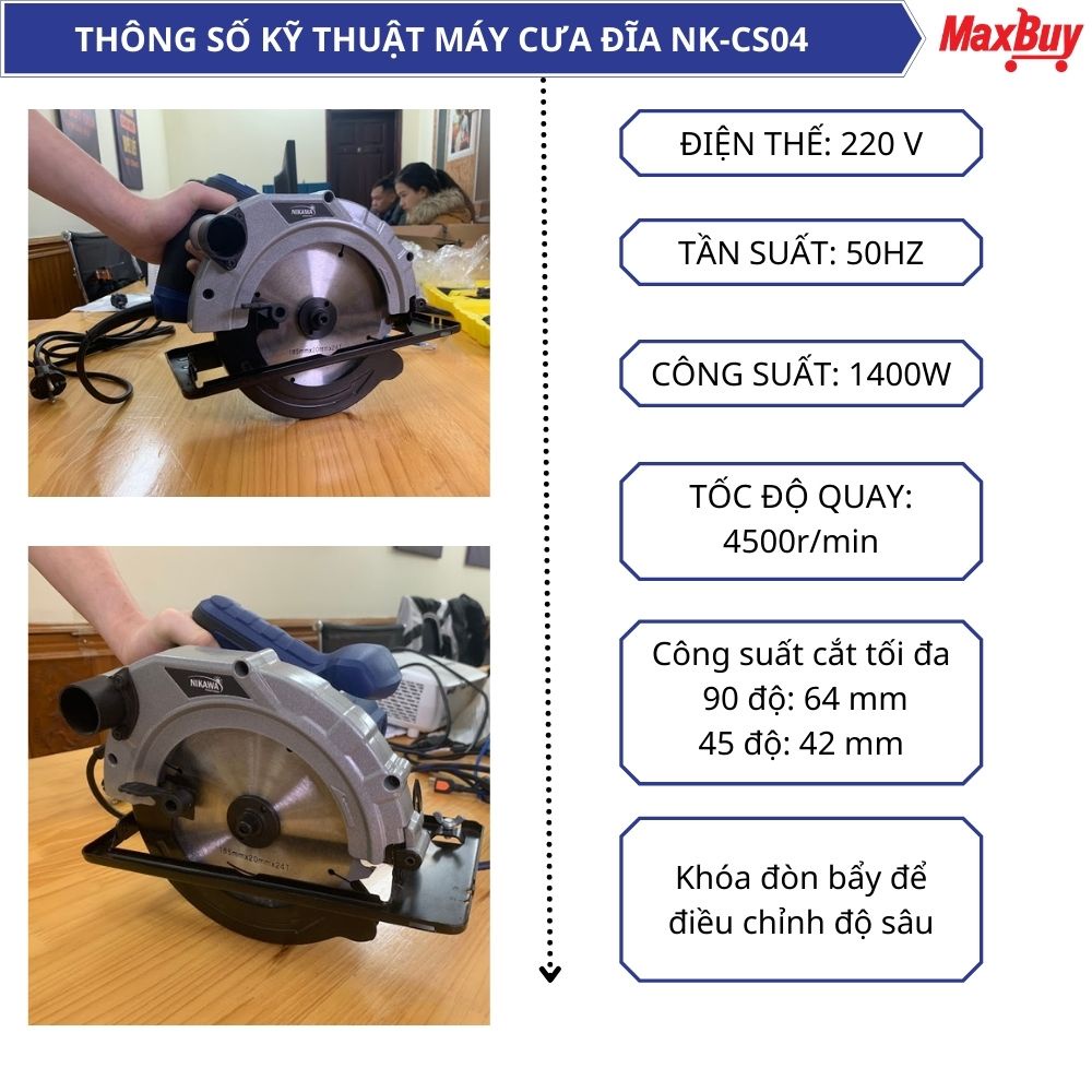 Máy cưa gỗ cắt đĩa Nikawa NK-CS03/ NK-CS04, công suất 1200-1400W, bảo hành chính hãng 6 tháng MAXBUY