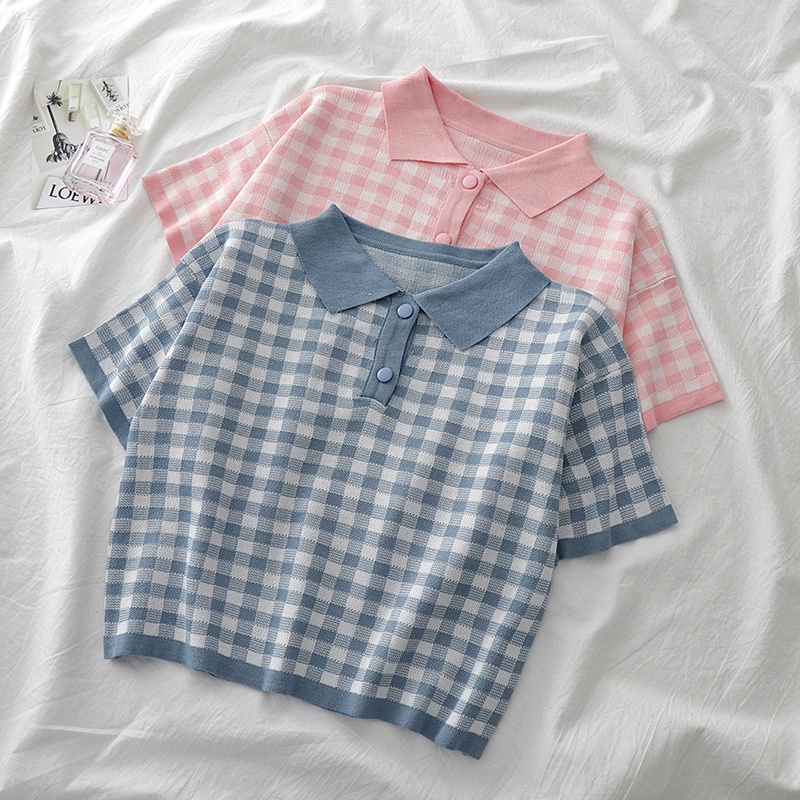 Áo polo dệt kim Pure Cube sọc caro tay ngắn dáng rộng dễ phối đồ phong cách Hàn Quốc