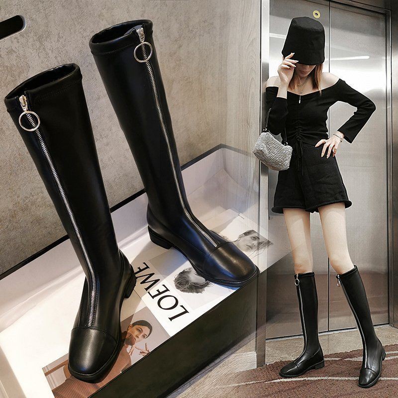Bốt mới mùa thu đông, giầy đế dày thấp phong cách Hàn Quốc mỏng màu đen hoang dã, thời trang nhưng cao đến đầu gối