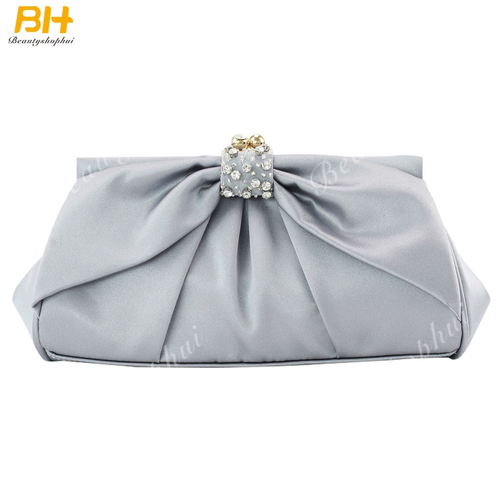 Túi Xách Đeo Vai Satin Nhăn Màu Trơn Đính Nơ Kim Cương Kim Cương Kiểu Âu Mỹ Dự Tiệc Tối Mới Cho Nữ