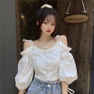 Áo Sơ Mi Trễ Vai Ngắn Tay Kiểu Hàn Quốc Thời Trang Mùa Hè Cho Nữ