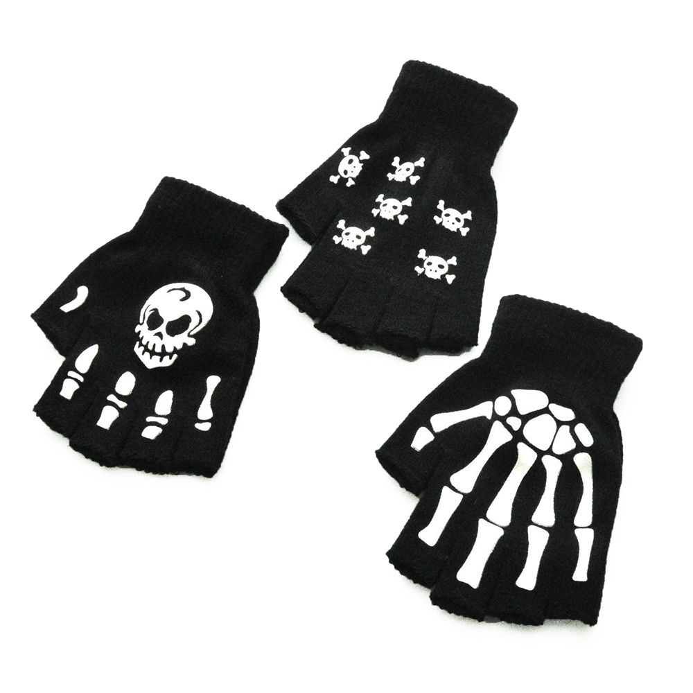 Đôi găng tay hở ngón họa tiết đầu lâu màu dạ quang độc đáo thích hợp cho halloween