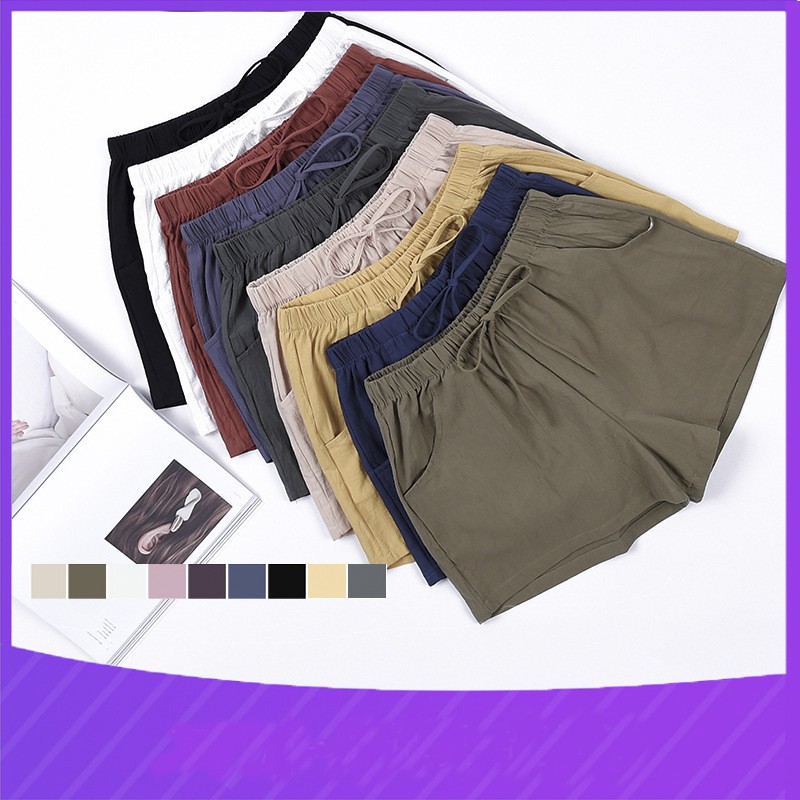 Quần short vải nữ thể thao ống rộng mặc nhà cạp cao bigsize phiên bản hàn quốc