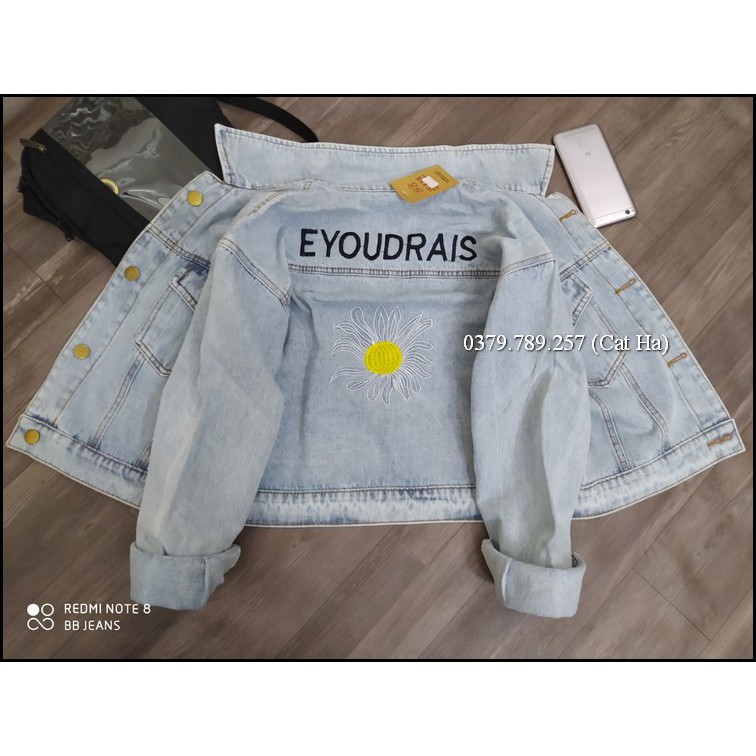 Aó khoác jean nữ xám xanh như hình form dưới 58Kg bông cúc đậm nhạt BB20