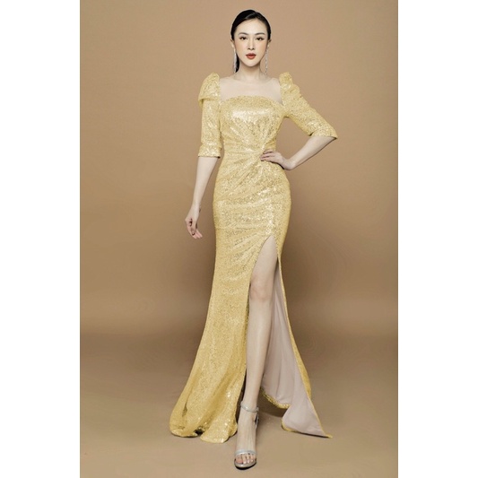 Đầm dạ hội kim sa tay lỡ cao cấp  tặng hoa taie