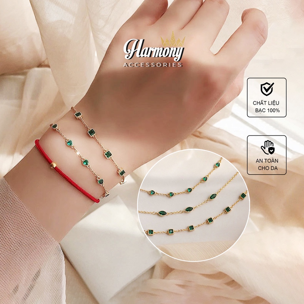 Lắc tay bạc nữ đá xanh mạ vàng 3 hình dáng tim, elip, vuông sang trọng | HARMONY ACCESSORIES VT33