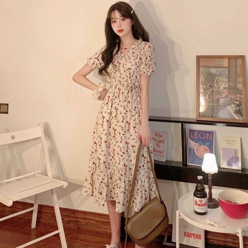 Đầm Dài Ngang Gối In Họa Tiết Hoa Phong Cách Pháp Thời Trang Mùa Hè Hàng Mới Cho Nữ