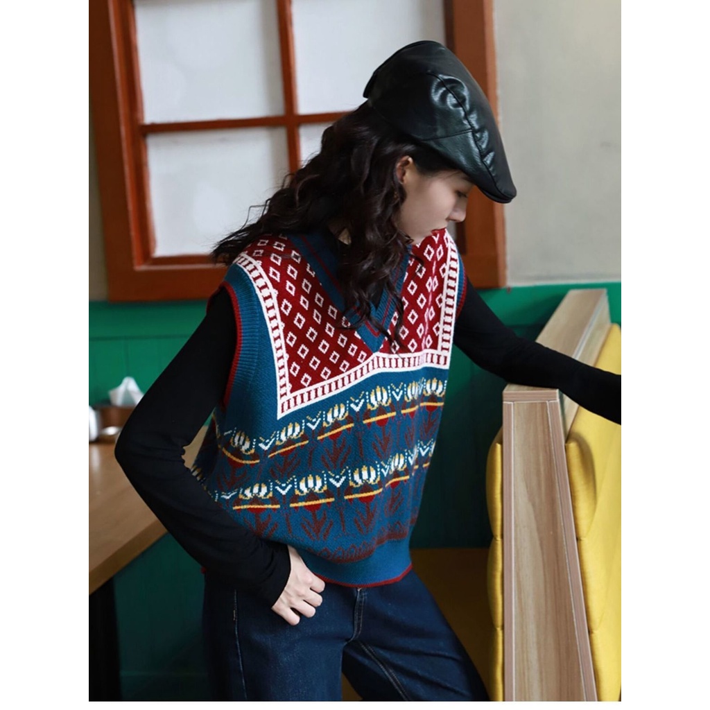 Áo len không tay cổ chữ v form rộng họa tiết hoa phong cách retro Hàn quốc