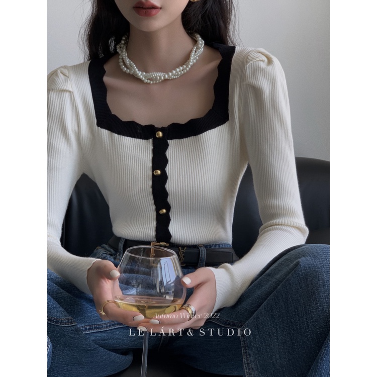Áo Sweater Dệt Kim Tay Phồng Dài Cổ Vuông Màu Trơn Thời Trang Hàn Quốc Cho Nữ