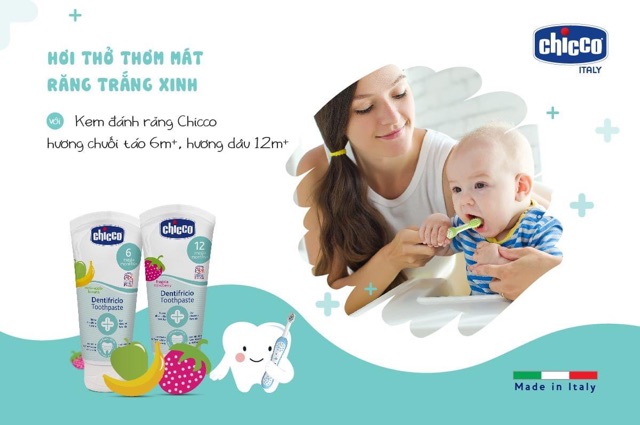 Kem đánh răng cho bé nuốt được CHICCO 12m+, kem đánh răng trẻ em vị dâu 50ml - Monnie Kids