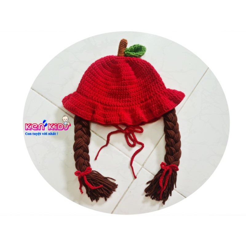 Nón mũ len mềm Táo Đỏ kèm bím tóc giả cho bé (đủ size)