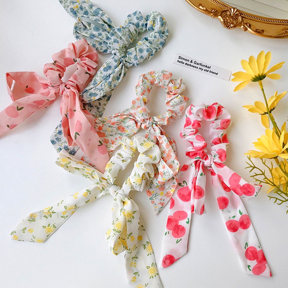 Dây cột tóc vải voan thắt nơ in hoa kiểu vintage thời trang cho nữ