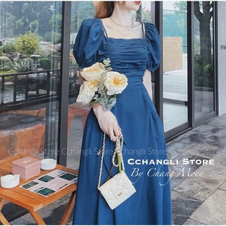 váy nhún ngực cổ vuông