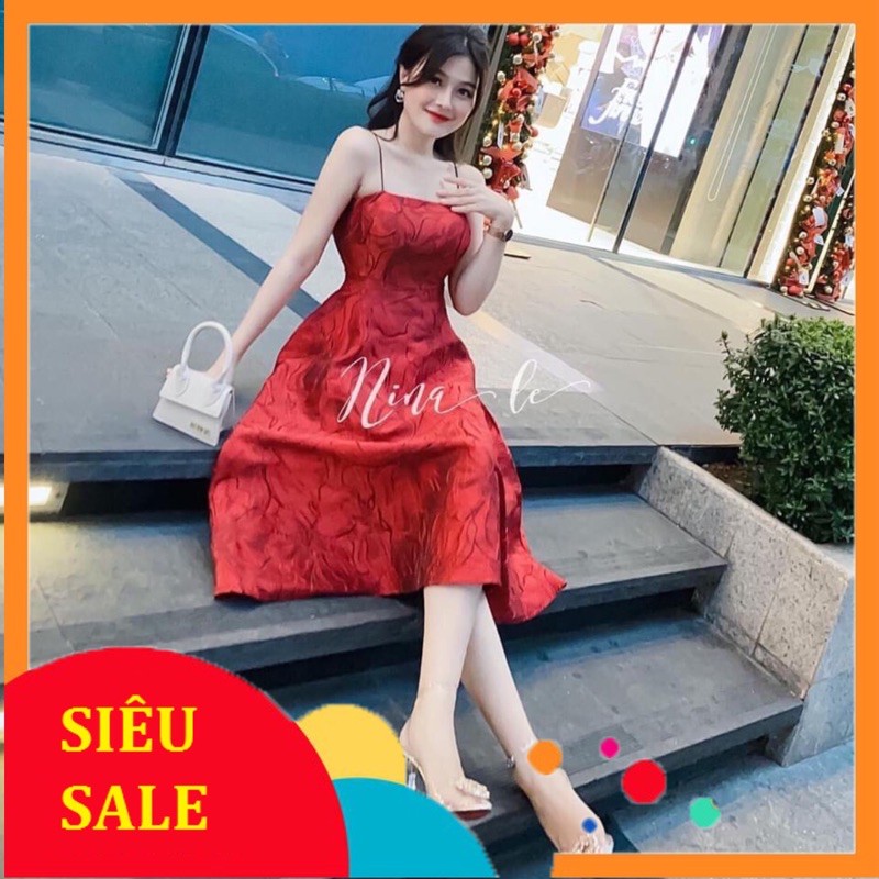 [Freeship] Đầm Gấm Xòe Hai Dây Dự Tiệc Sang Trọng - Vavi Dress