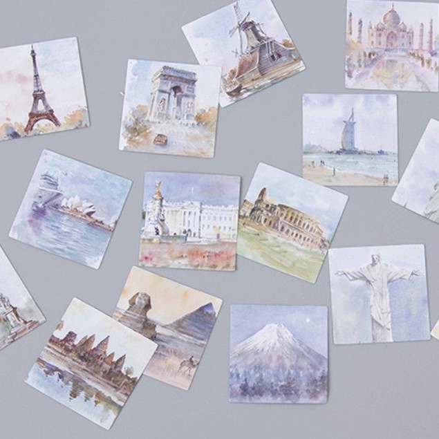 Hộp 45 miếng sticker mẫu hình vuông cảnh đẹp thế giới