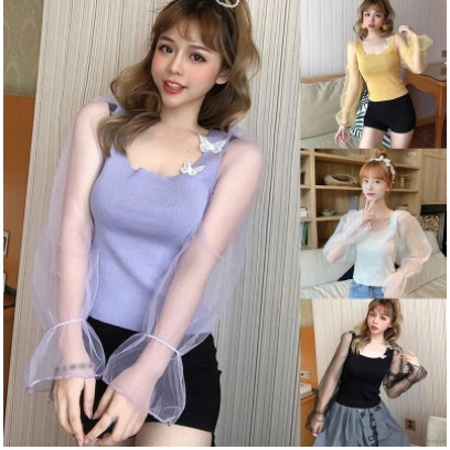 Áo dệt kim tay bồng phối voan lưới tiểu thư đính bướm (order)