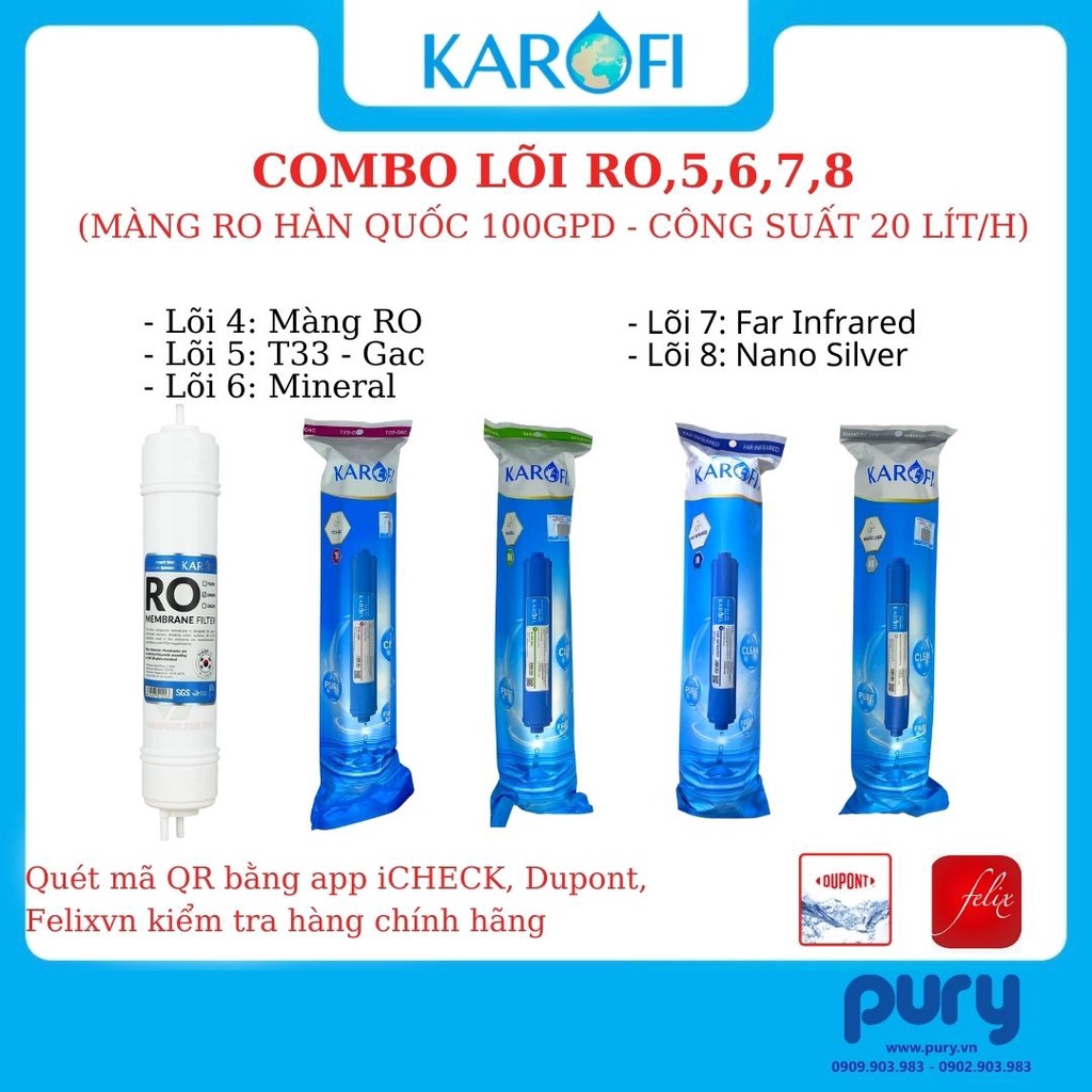 TRỌN BỘ 9 LÕI LỌC NƯỚC KAROFI CHÍNH HÃNG(Bộ123,Màng RO HÀN QUỐC,T33,Mineral, Alkaline, Far Infrared, Nano Silver))