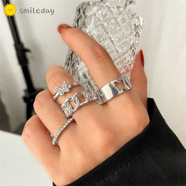 Set 4 nhẫn đeo khớp ngón tay hình bướm đính đá thời trang cho nữ