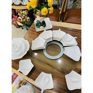 bộ đồ ăn hoa hồng vàng kim ( kèm bàn kính xoay)