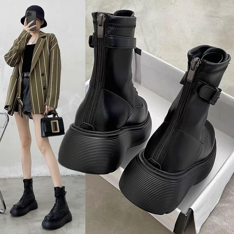 Boot Nữ FreeshipGiày Bốt Đế Bánh Mì Khuy Vuông Khoá Sau Thời Trang Hàn