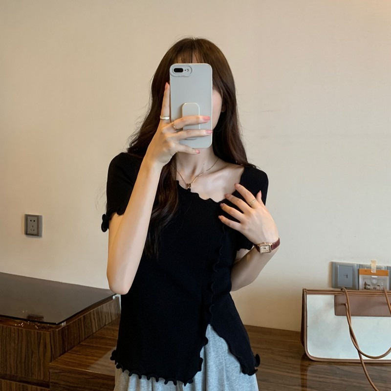 Áo thun ZHELIHANGFEI dệt kim ngắn tay xẻ tà phối bèo dễ thương cho nữ