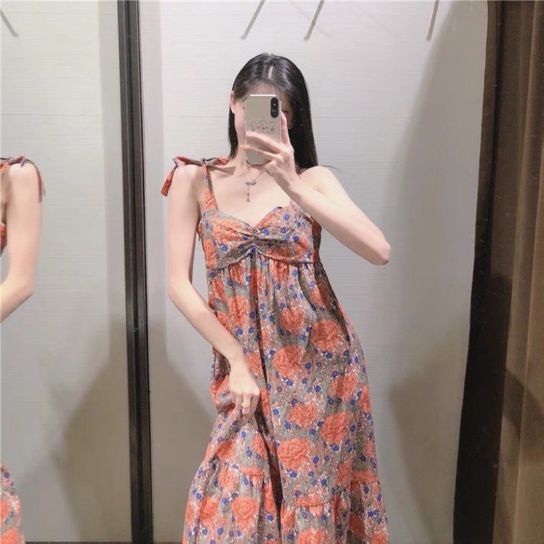 Váy đầm nữ 2s dáng dài hoa cam chun ngực Zr lụa cao cấp