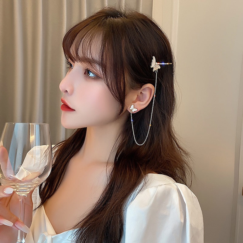 Bông Tai Dáng Dài Hình Bướm Phối Dây Xích Phong Cách Độc Đáo Thời Trang Cho Nữ