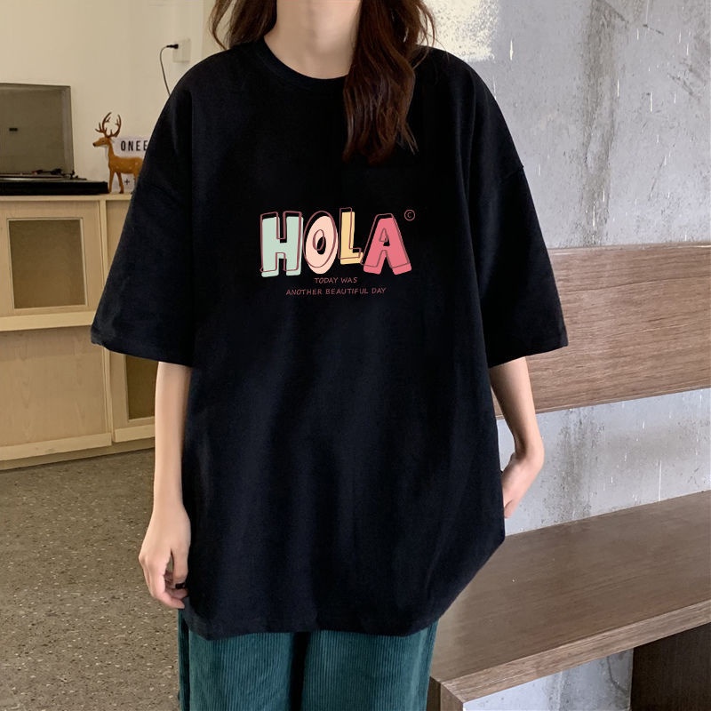 Áo Thun Cotton Ngắn Tay Dáng Rộng Màu Đen Thời Trang Mùa Hè Cho Nữ