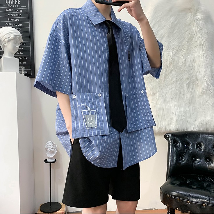 Áo Sơ Mi Hàn Quốc Kẻ Sọc Cổ Bẻ Tay Lỡ Phối Hai Túi Thời Trang MENFASHION1989 SOMI NAM 9000040