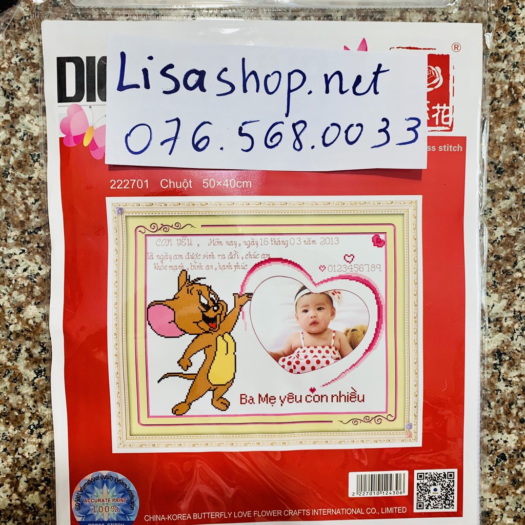 Tranh thêu chữ thập con chuột CÓ LỒNG HÌNH50x40cm chưa thêu 222701