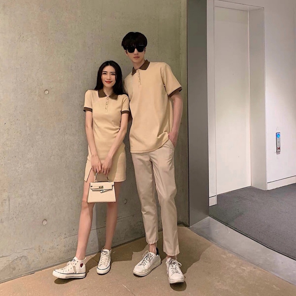 Đồ đôi nam nữ màu nude phối cổ nâu cao cấp, áo cặp đôi chụp hình cưới dạo phố sang trọng
