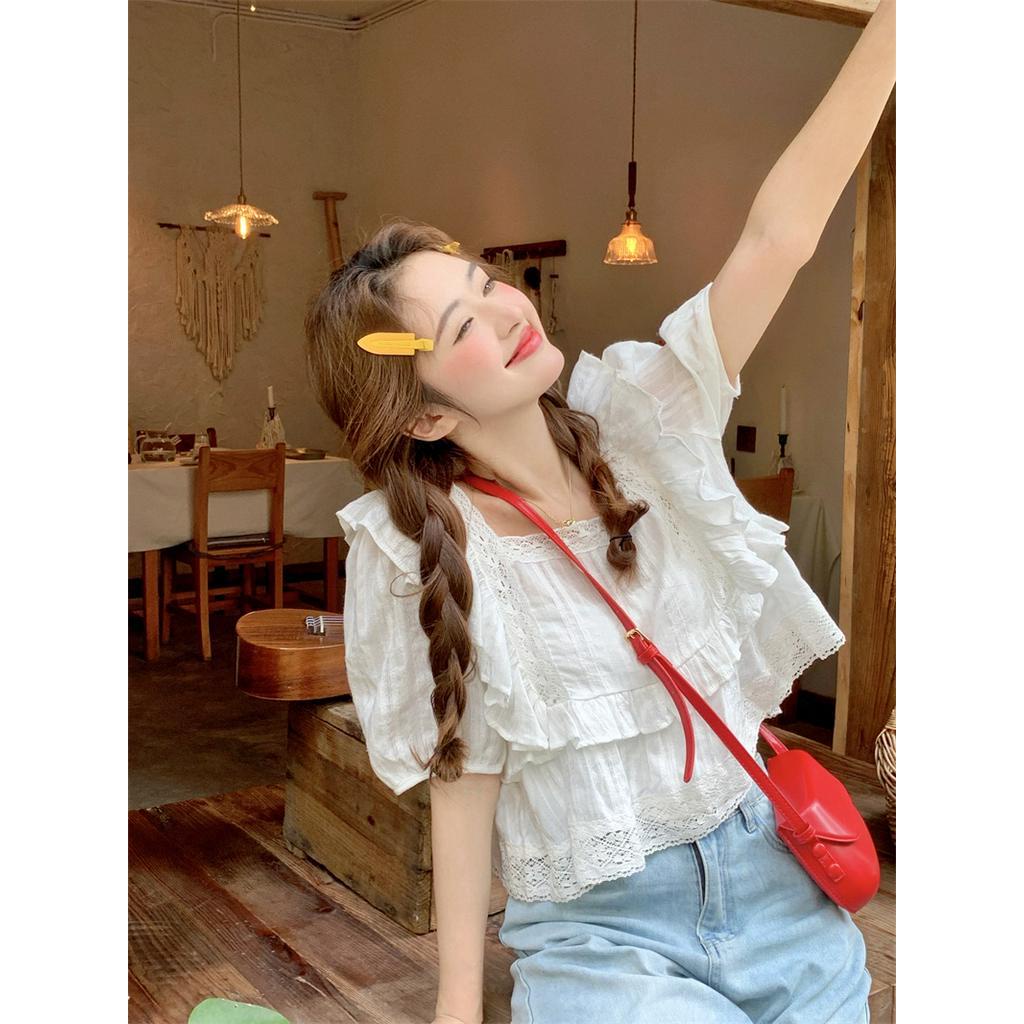 Áo Kiểu Cổ Vuông Tay Ngắn Phối Ren Phong Cách Mới 63225