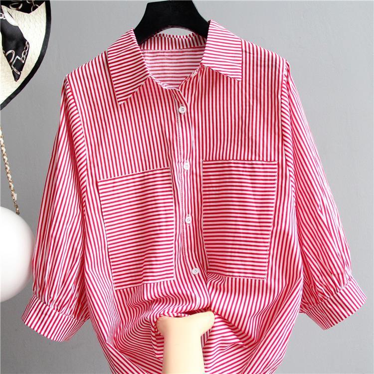 Áo sơ mi 100% cotton tay lửng cổ đứng dáng rộng họa tiết kẻ sọc phong cách Hàn Quốc thời trang mùa hè cho nữ 2021